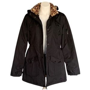 Yoki Black Parka with Leopard Print Fleece Cozy Lining Hooded Sz L